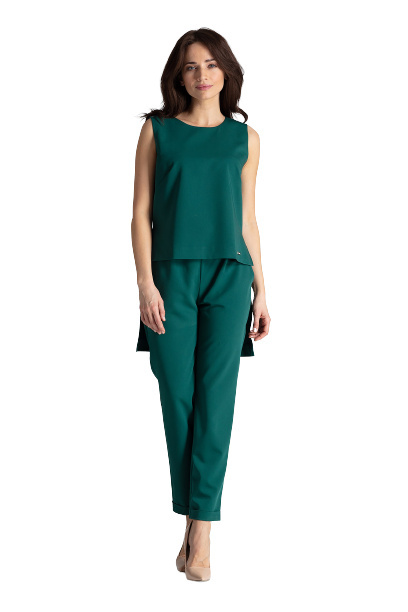 Komplet Damski - Klasyczne Spodnie I Bluzka Bez Rękawów - zielony